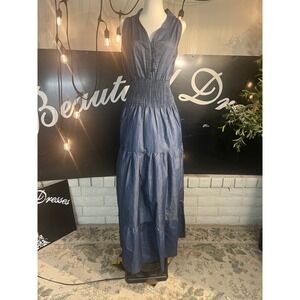 Denim Maxi Dress Women One Size Fits All Sleeveless Smocked Waist Tiered Size 1X